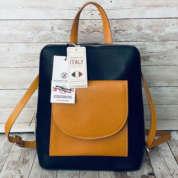 NWT DIVINA FIRENZE Black Tan Pebbled Italian Leather Convertible Backpack Bag main image 9